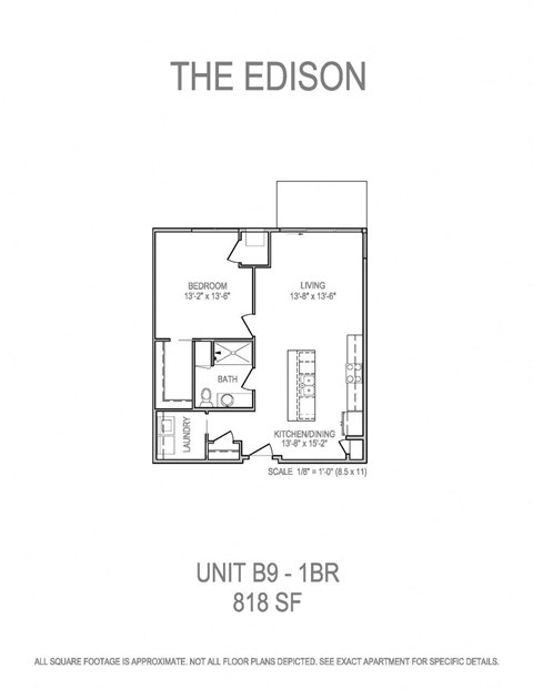Floor plan for 1 bed, 1 bath, 818 sqft